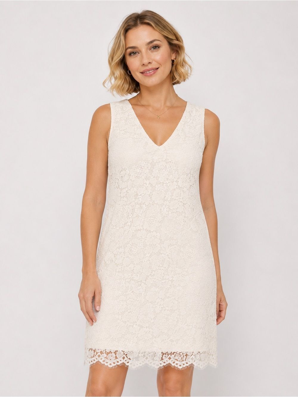 Karen Kane Lace Shift Dress V Neck Sleeveless Scalloped Hem Ivory L NEW